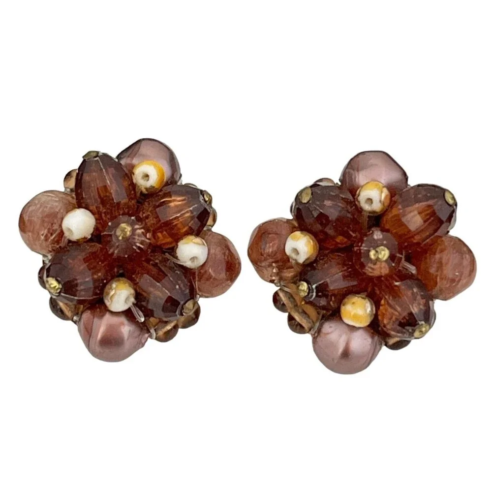 Vintage 1960s West Germany Clip Earrings Glass Bead Cluster - 1E